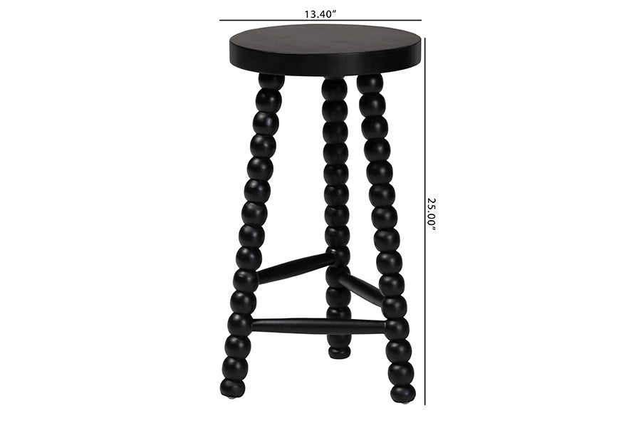 bali & pari David Acacia Wood Bobbin Counter Stool - Sculptural Backless Accent Stool for Kitchen Island or Lounge with Footrest, Black