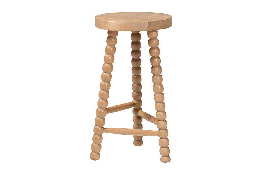 bali & pari David Acacia Wood Bobbin Counter Stool - Sculptural Backless Accent Stool for Kitchen Island or Lounge with Footrest, Natural Brown