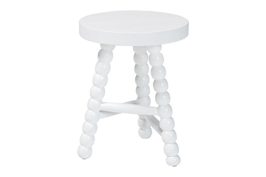 bali & pari David Acacia Wood Multipurpose Accent Stool - Turned Bobbin Decorative Side ottoman with Tripod Base, White