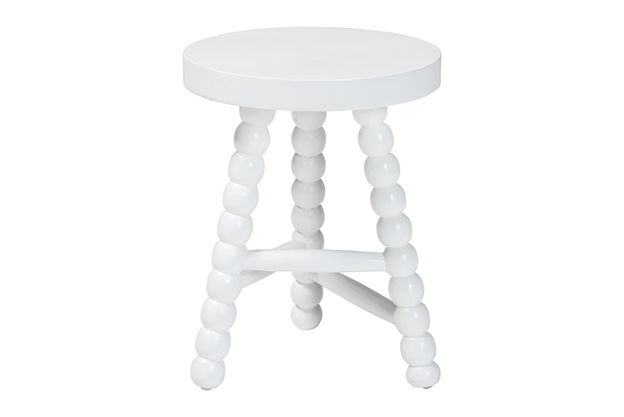 bali & pari David Acacia Wood Multipurpose Accent Stool - Turned Bobbin Decorative Side ottoman with Tripod Base, White