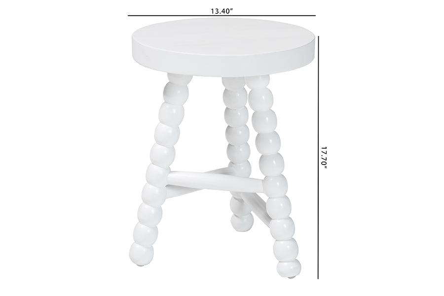 bali & pari David Acacia Wood Multipurpose Accent Stool - Turned Bobbin Decorative Side ottoman with Tripod Base, White