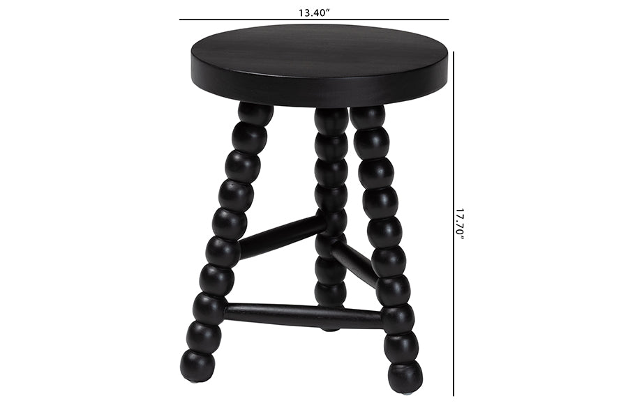 bali & pari David Acacia Wood Multipurpose Accent Stool - Turned Bobbin Decorative Side ottoman with Tripod Base, Black