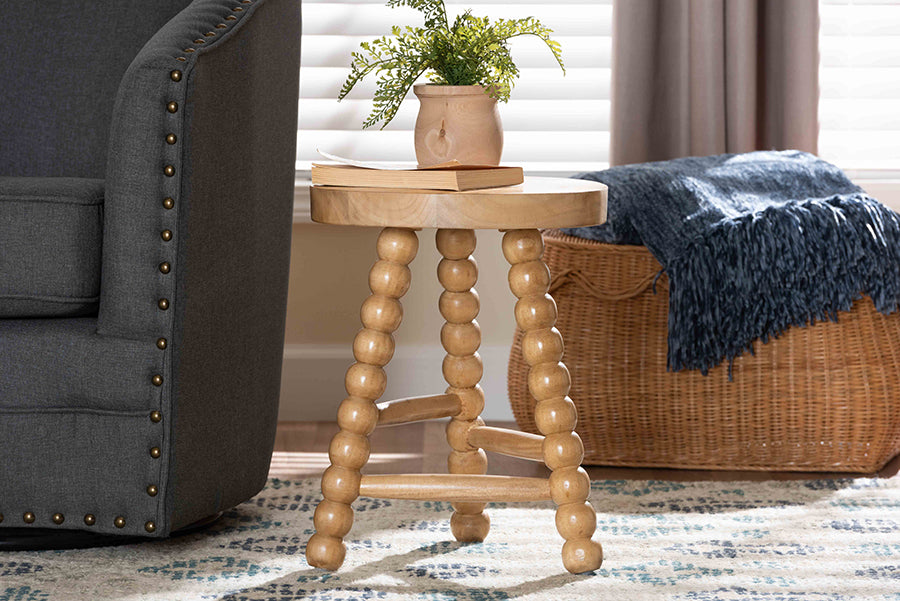 bali & pari David Acacia Wood Multipurpose Accent Stool - Turned Bobbin Decorative Side ottoman with Tripod Base, Natural Brown