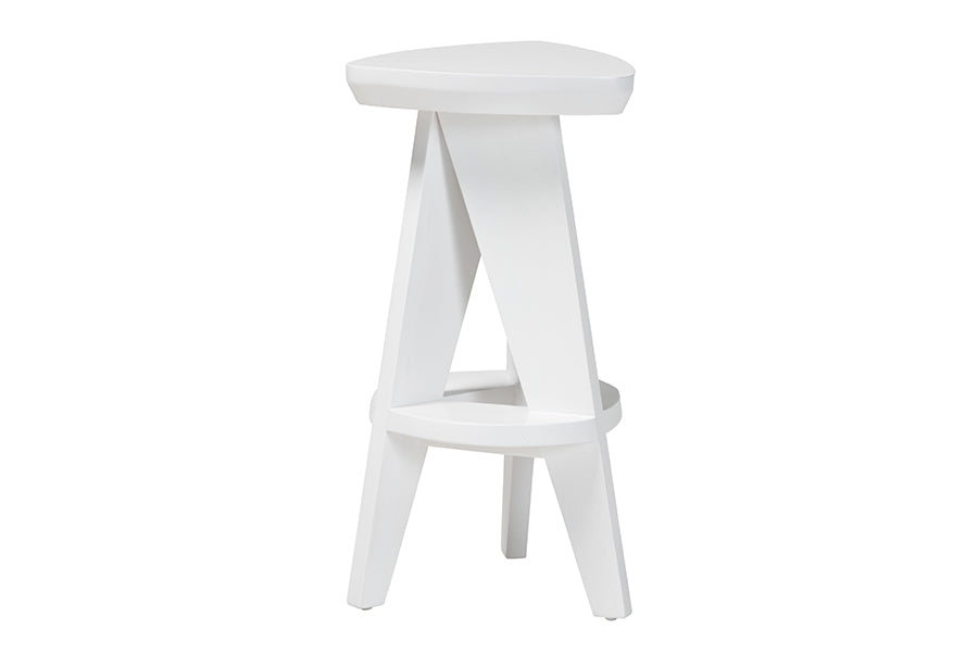 bali & pari Roy Wood Counter Stool - Sculptural Backless Accent Stool with Geometric Base and Integrated Footrest, White