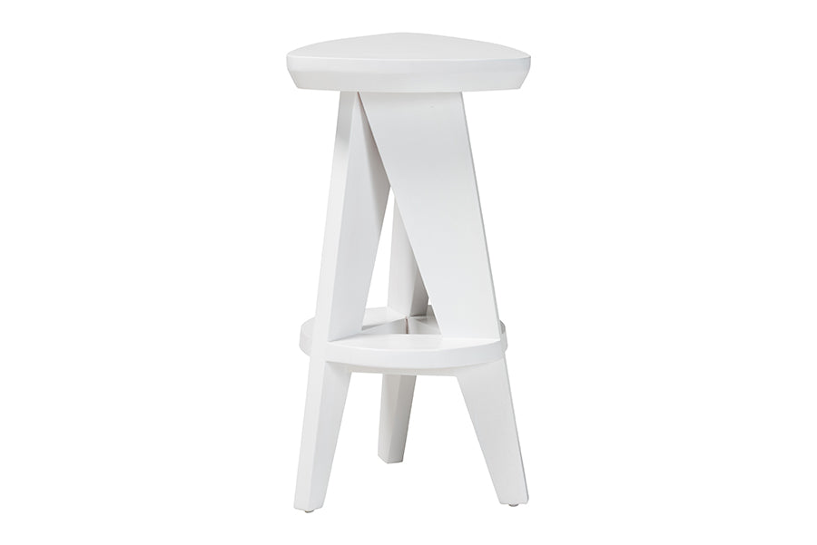 bali & pari Roy Wood Counter Stool - Sculptural Backless Accent Stool with Geometric Base and Integrated Footrest, White