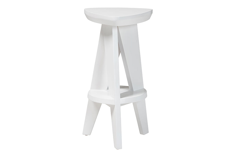bali & pari Roy Wood Counter Stool - Sculptural Backless Accent Stool with Geometric Base and Integrated Footrest, White