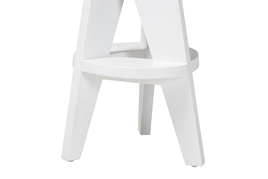bali & pari Roy Wood Counter Stool - Sculptural Backless Accent Stool with Geometric Base and Integrated Footrest, White