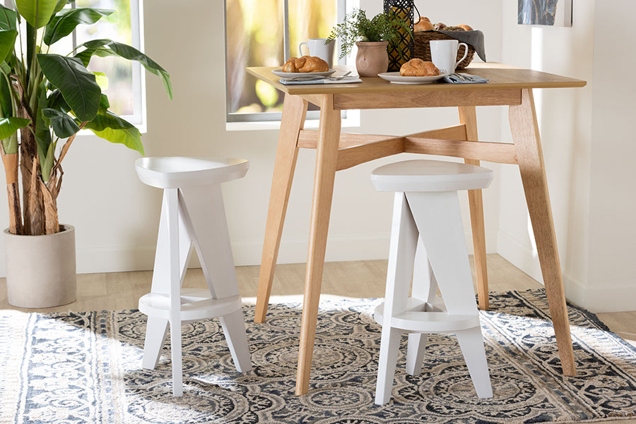 bali & pari Roy Wood Counter Stool - Sculptural Backless Accent Stool with Geometric Base and Integrated Footrest, White