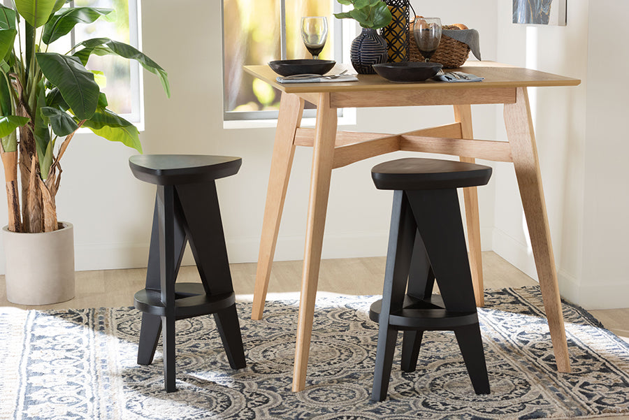 bali & pari Roy Wood Counter Stool - Sculptural Backless Accent Stool with Geometric Base and Integrated Footrest, Black