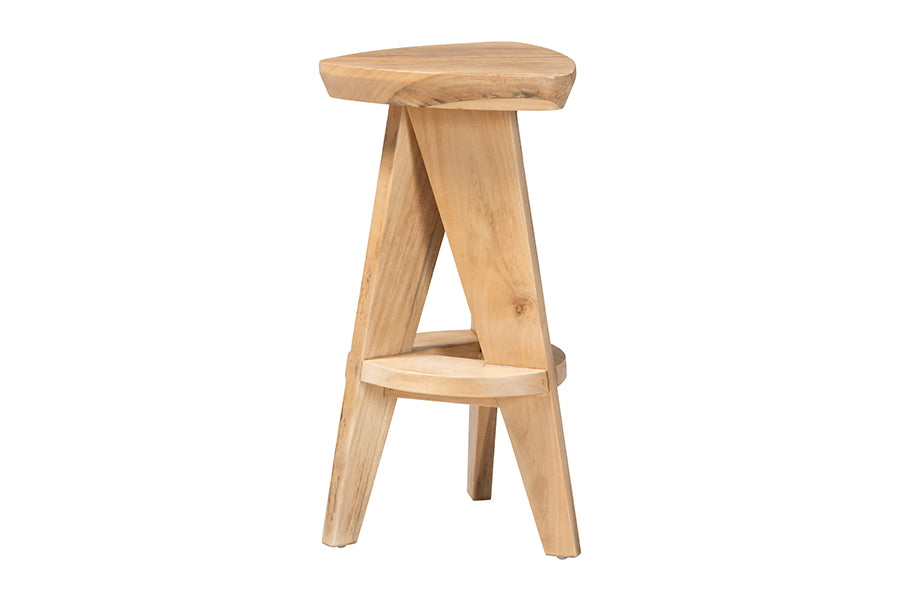 bali & pari Roy Wood Counter Stool - Sculptural Backless Accent Stool with Geometric Base and Integrated Footrest, Natural Brown