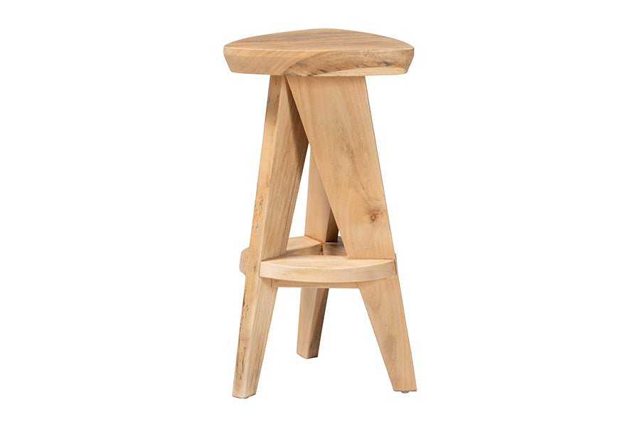 bali & pari Roy Wood Counter Stool - Sculptural Backless Accent Stool with Geometric Base and Integrated Footrest, Natural Brown