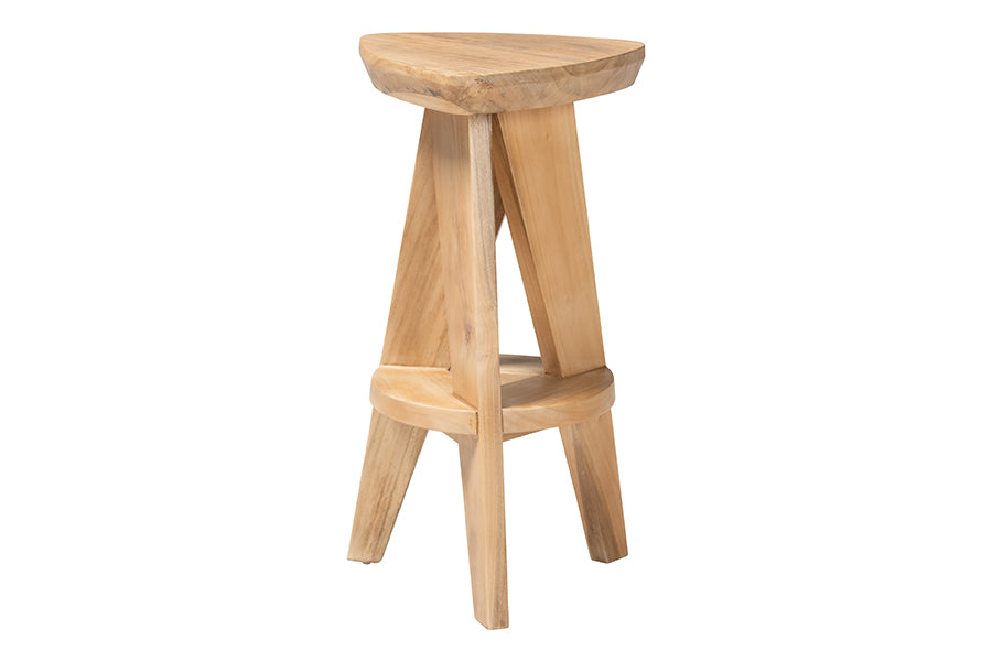 bali & pari Roy Wood Counter Stool - Sculptural Backless Accent Stool with Geometric Base and Integrated Footrest, Natural Brown