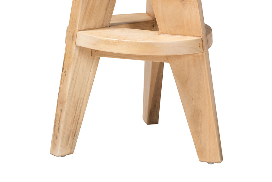 bali & pari Roy Wood Counter Stool - Sculptural Backless Accent Stool with Geometric Base and Integrated Footrest, Natural Brown