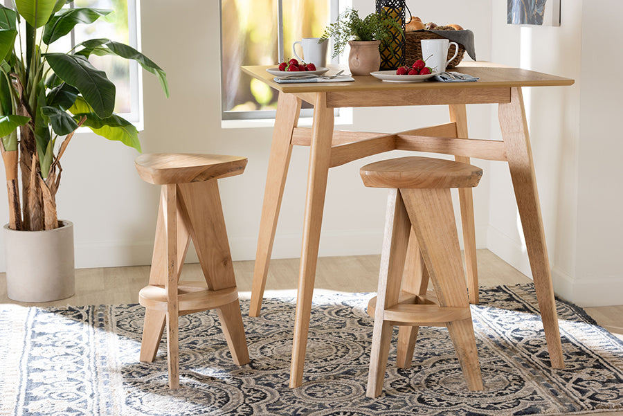 bali & pari Roy Wood Counter Stool - Sculptural Backless Accent Stool with Geometric Base and Integrated Footrest, Natural Brown