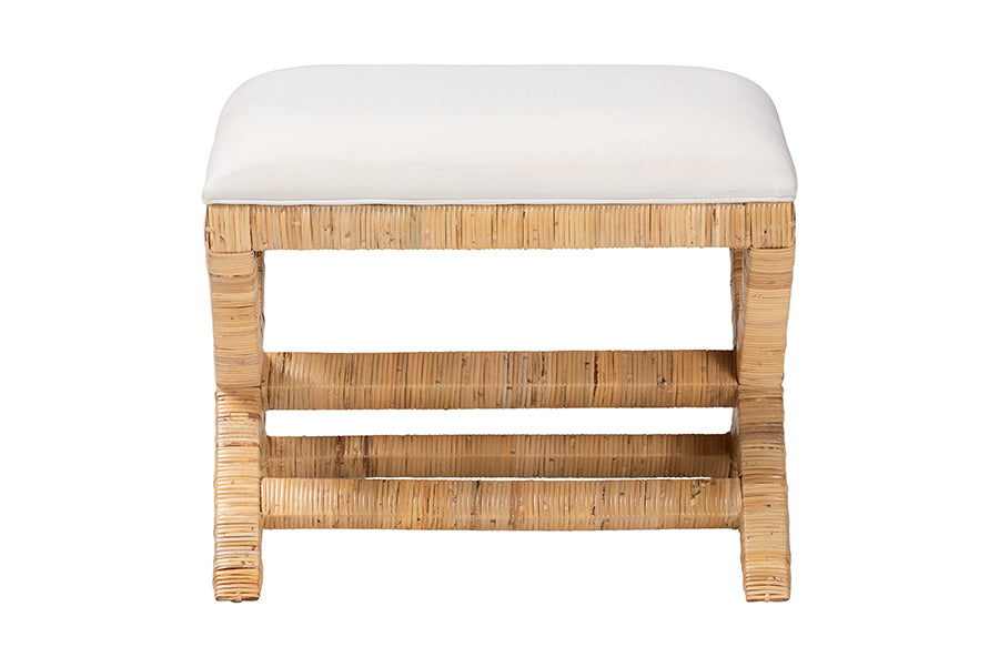 bali & pari Christy Natural Rattan Ottoman - Hand Wrapped Wicker Accent Stool with Cushioned Seat and Crisscross Frame
