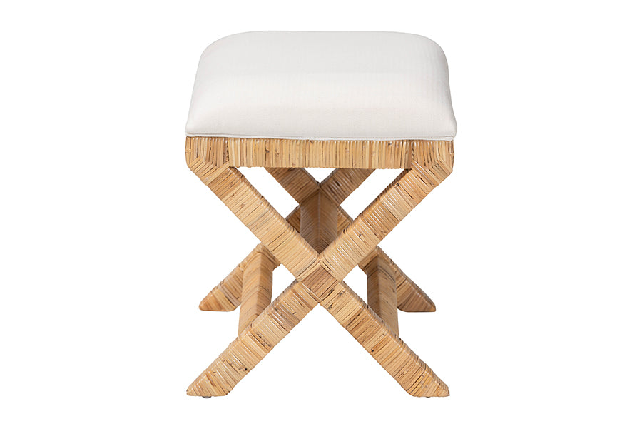 bali & pari Christy Natural Rattan Ottoman - Hand Wrapped Wicker Accent Stool with Cushioned Seat and Crisscross Frame