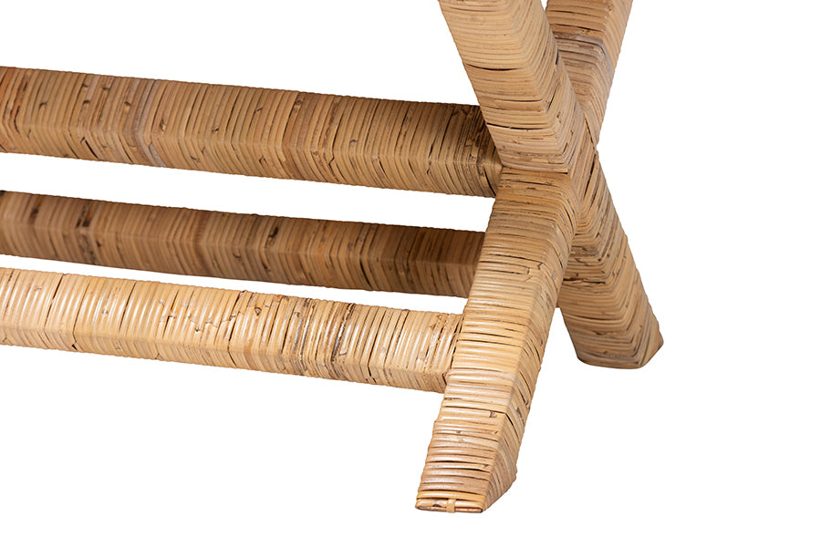 bali & pari Christy Natural Rattan Ottoman - Hand Wrapped Wicker Accent Stool with Cushioned Seat and Crisscross Frame