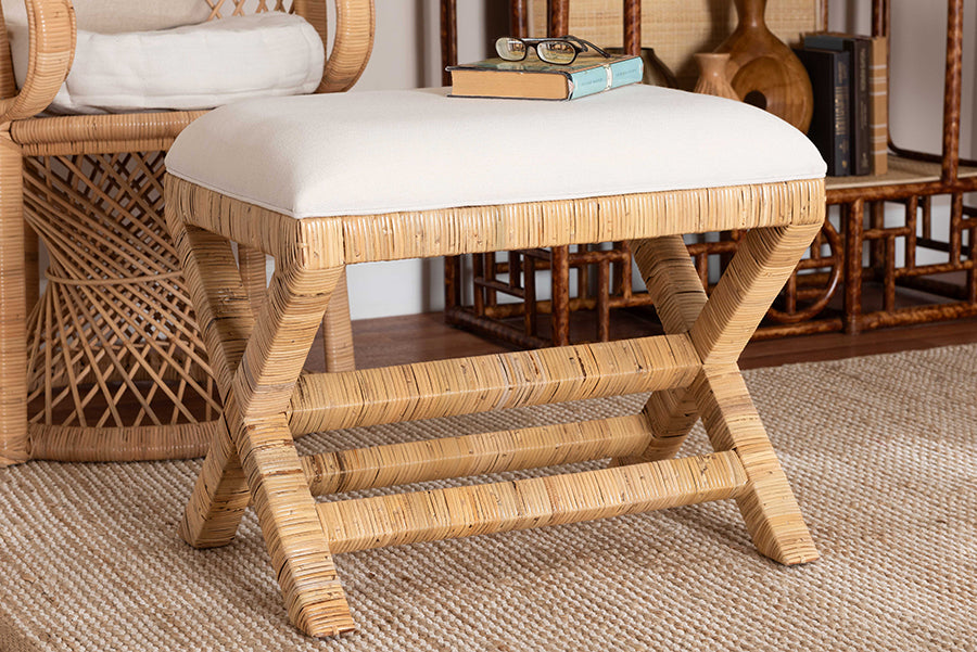 bali & pari Christy Natural Rattan Ottoman - Hand Wrapped Wicker Accent Stool with Cushioned Seat and Crisscross Frame