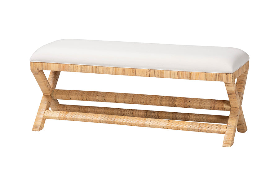bali & pari Christy Natural Rattan Bench - Hand Wrapped Wicker Accent Seating with Upholstered Cushion and Crisscross Frame