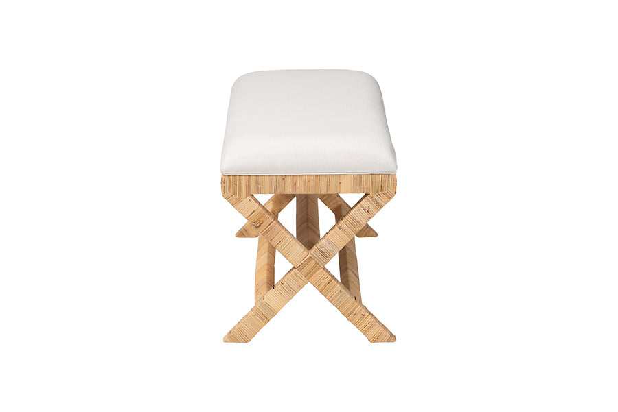 bali & pari Christy Natural Rattan Bench - Hand Wrapped Wicker Accent Seating with Upholstered Cushion and Crisscross Frame