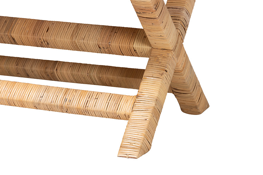 bali & pari Christy Natural Rattan Bench - Hand Wrapped Wicker Accent Seating with Upholstered Cushion and Crisscross Frame