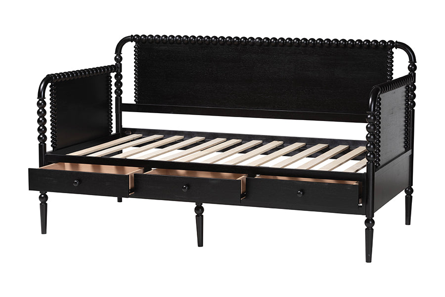 Baxton Studio Lucera 3-Drawer Daybed with Bobbin Frame, Twin, Black