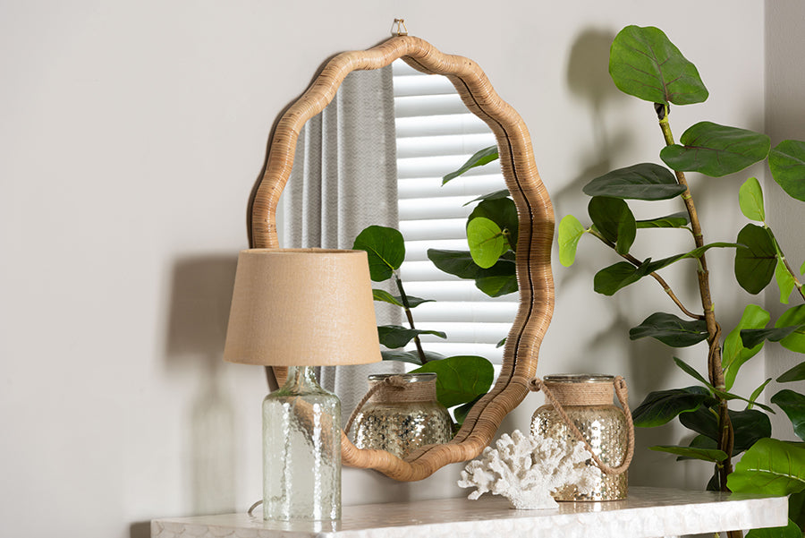 bali & pari Rasida Natural Rattan Scalloped Wall Mirror - Decorative Hand Wrapped Wicker Accent Mirror