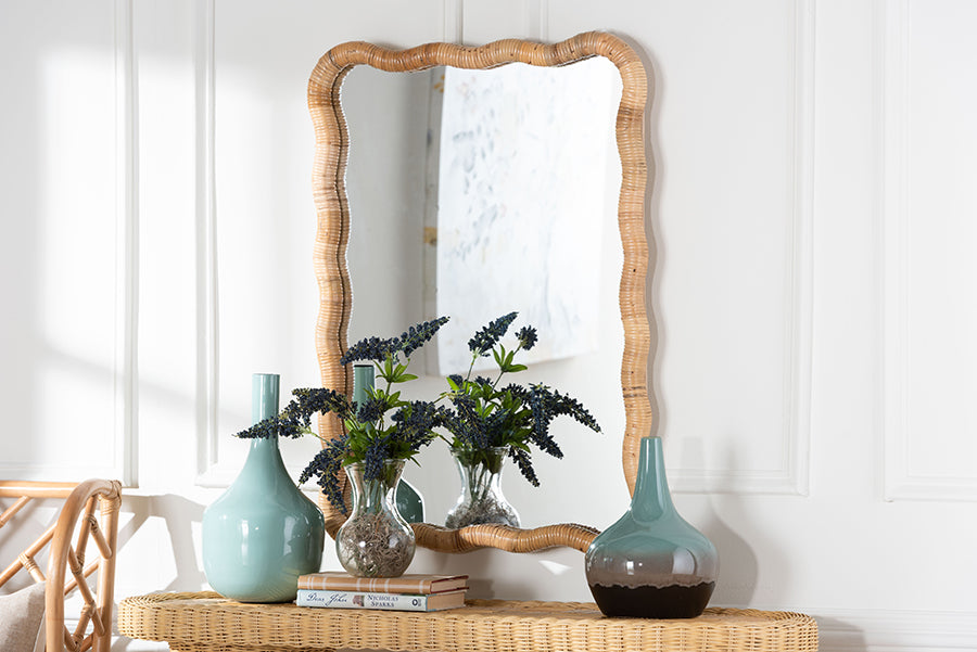 bali & pari Rasida Scalloped Natural Rattan Wall Mirror, Rectangle