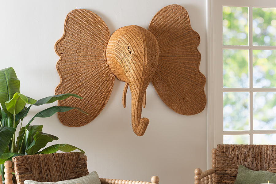 bali & pari Elissa Elephant Head Natural Rattan Wall Decor
