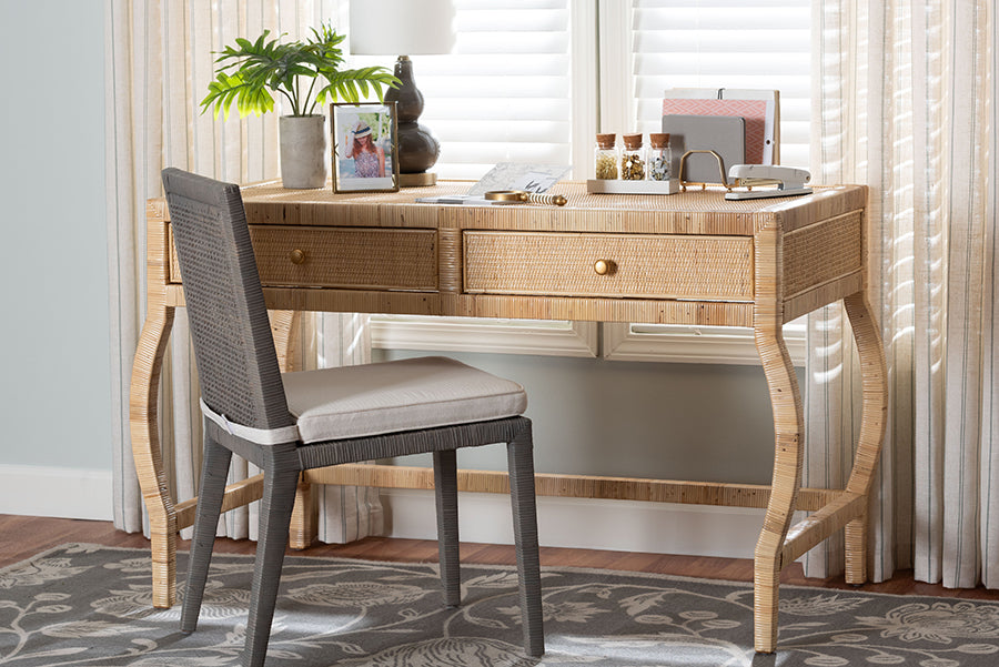 bali & pari Dalida Natural Rattan Writing Desk with Two Drawers