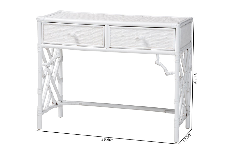 bali & pari Lindie Natural Rattan Writing Desk with Two Drawers, White