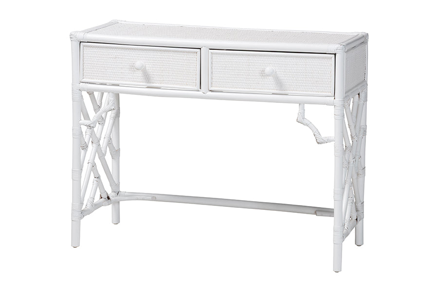 bali & pari Lindie Natural Rattan Writing Desk with Two Drawers, White