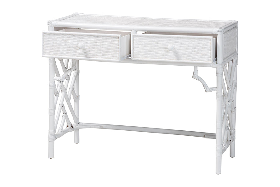 bali & pari Lindie Natural Rattan Writing Desk with Two Drawers, White