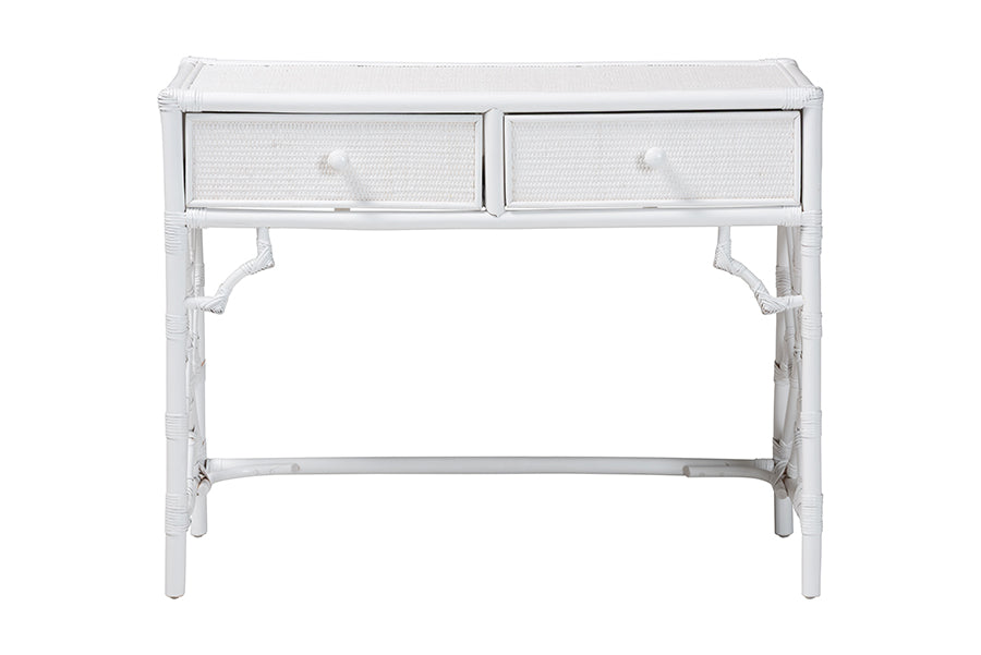 bali & pari Lindie Natural Rattan Writing Desk with Two Drawers, White
