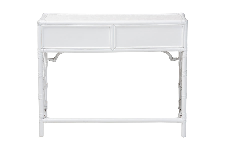 bali & pari Lindie Natural Rattan Writing Desk with Two Drawers, White