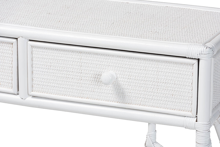 bali & pari Lindie Natural Rattan Writing Desk with Two Drawers, White