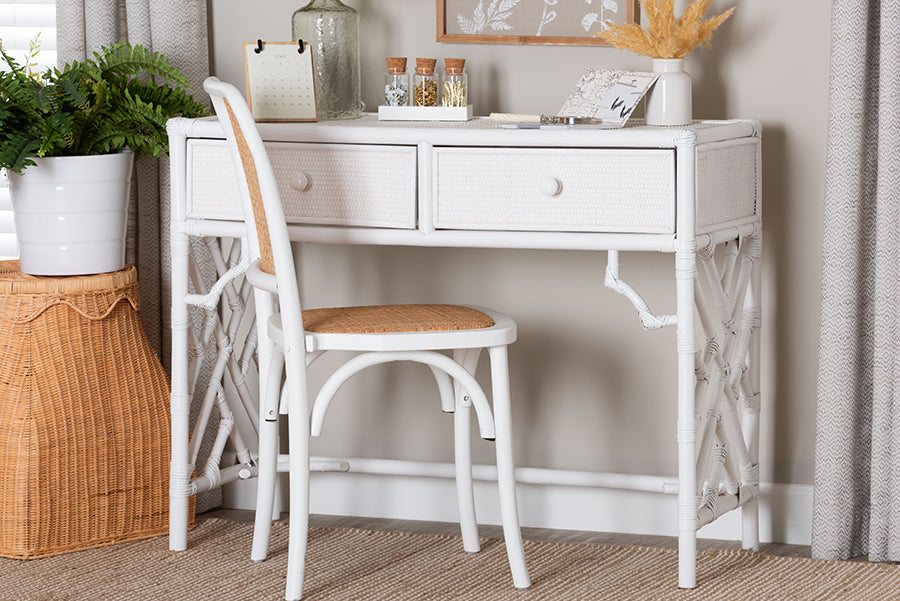 bali & pari Lindie Natural Rattan Writing Desk with Two Drawers, White