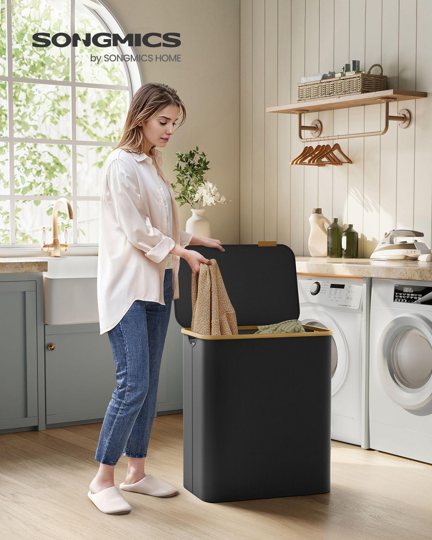 150L 3-Section Large Laundry Hamper Ink Black FredCo