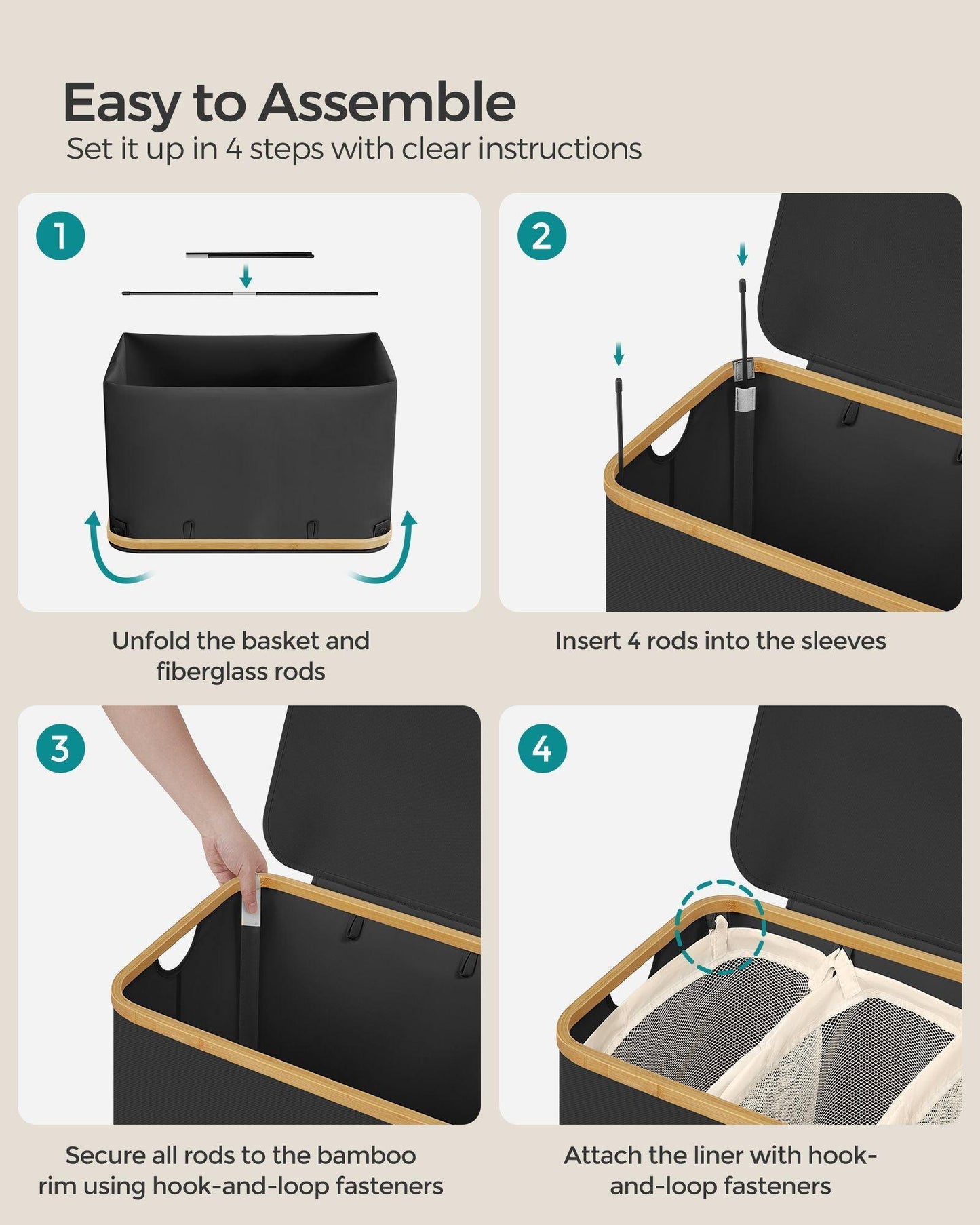 150L 3-Section Large Laundry Hamper Ink Black FredCo