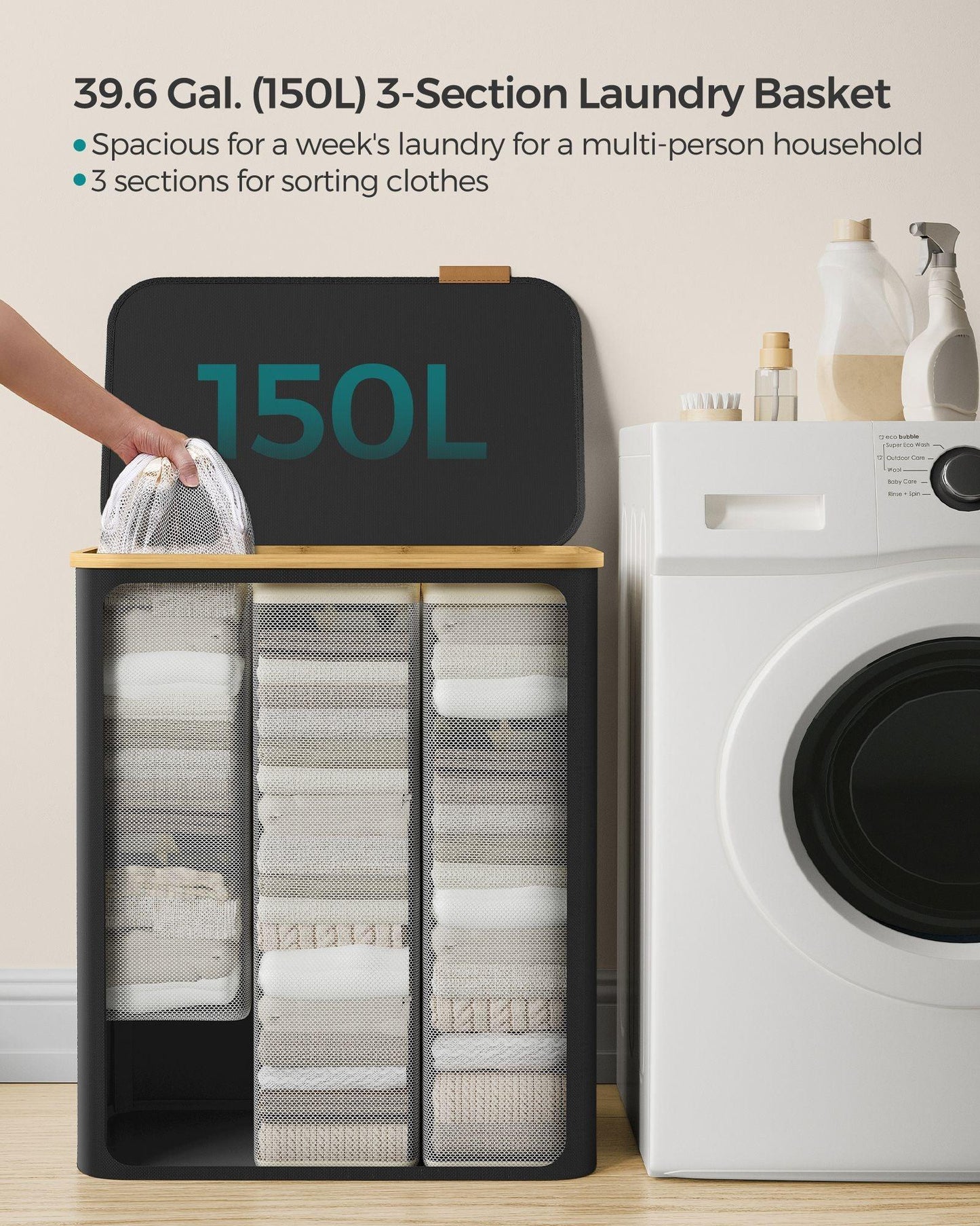 150L 3-Section Large Laundry Hamper Ink Black FredCo