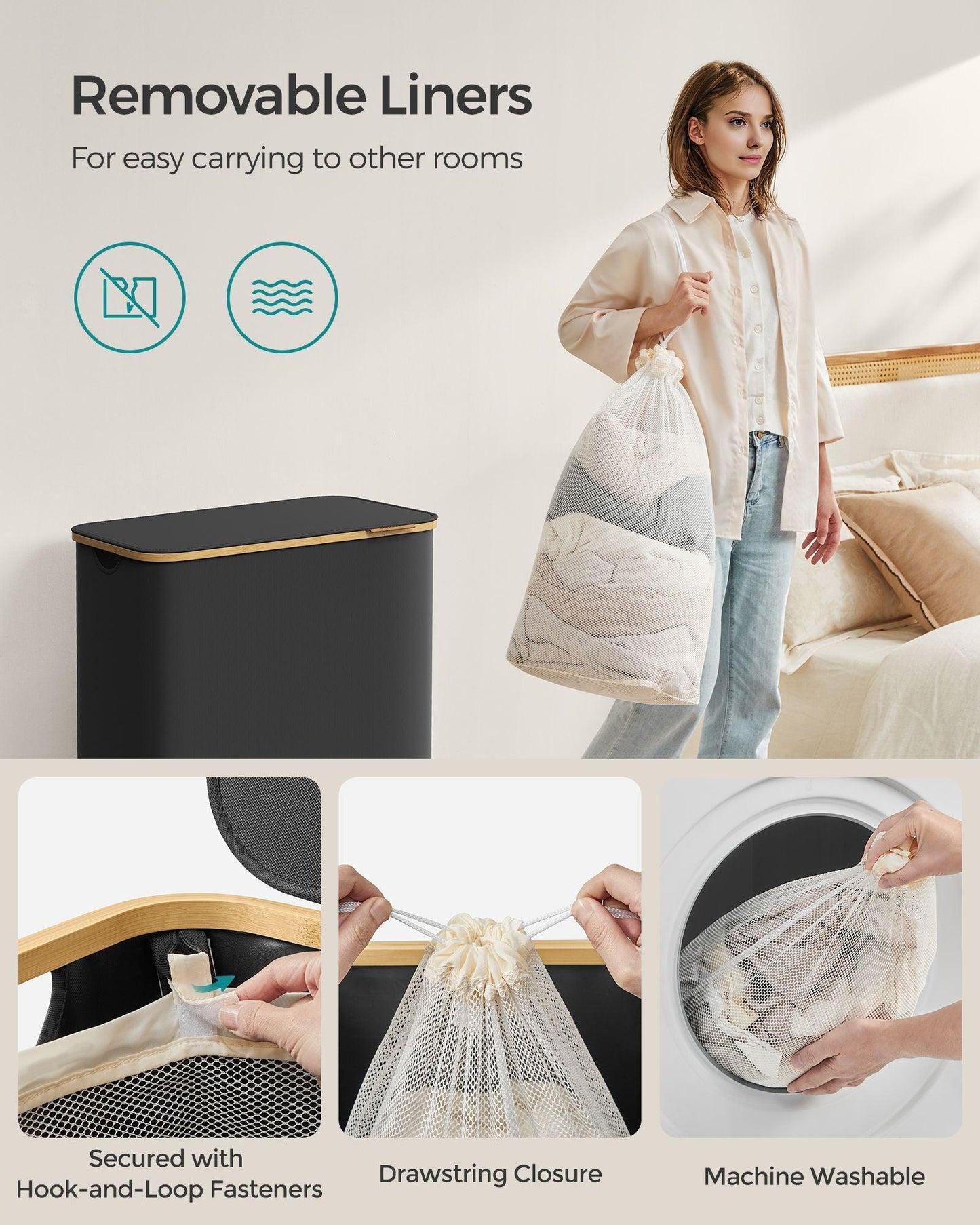 150L 3-Section Large Laundry Hamper Ink Black FredCo