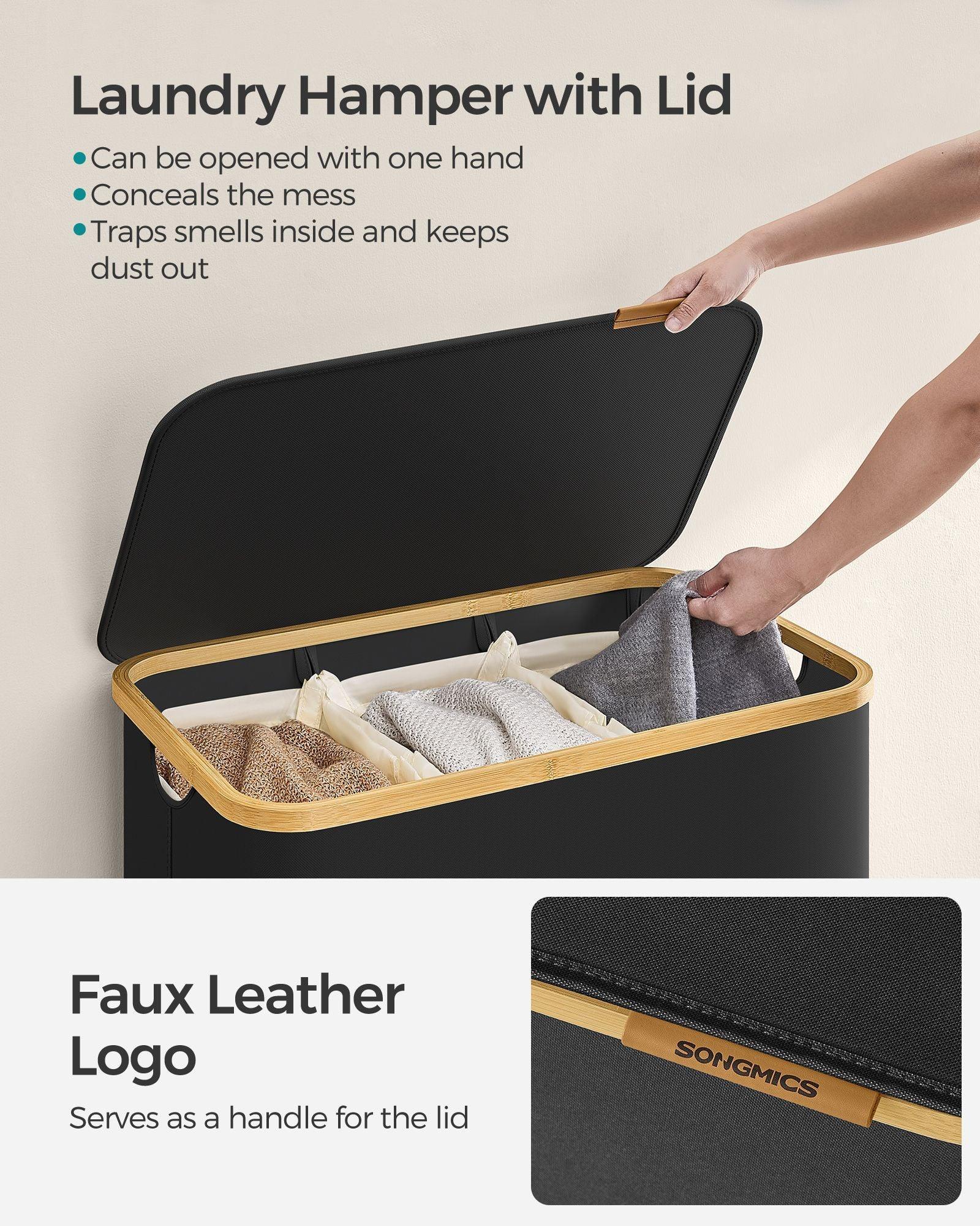 150L 3-Section Large Laundry Hamper Ink Black FredCo