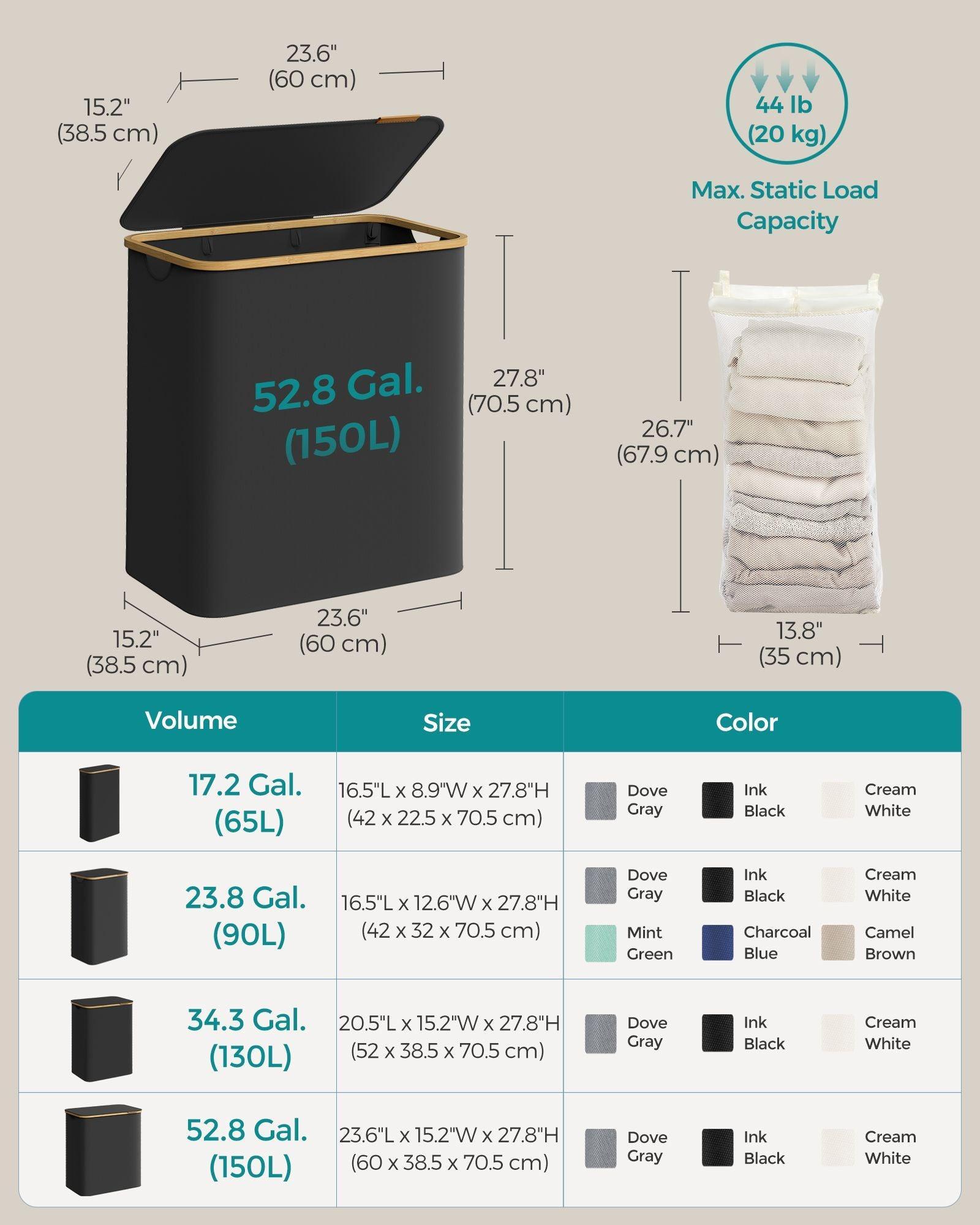 150L 3-Section Large Laundry Hamper Ink Black FredCo