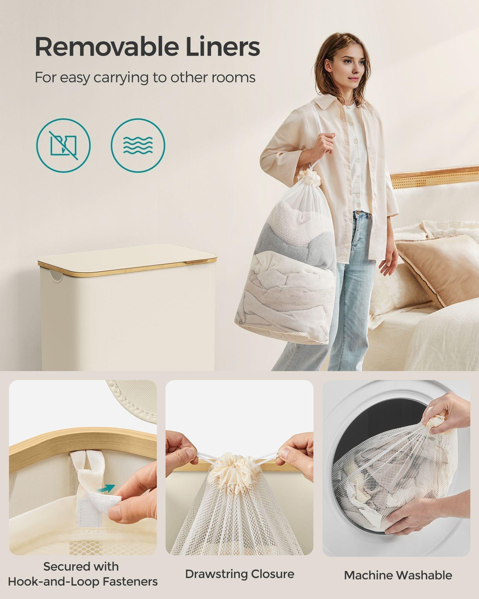 150L 3-Section Large Laundry Hamper with Lid Cream White FredCo