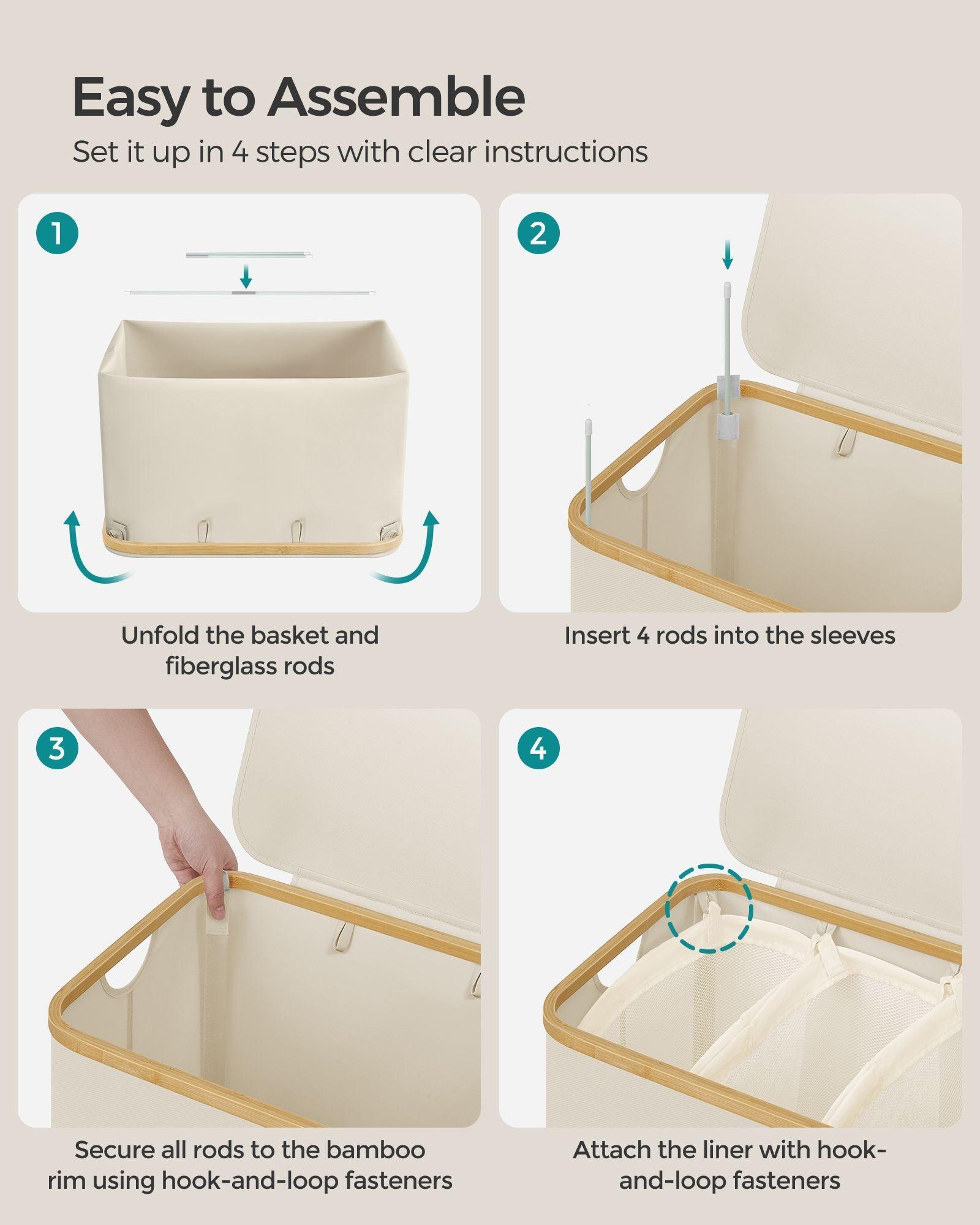 150L 3-Section Large Laundry Hamper with Lid Cream White FredCo