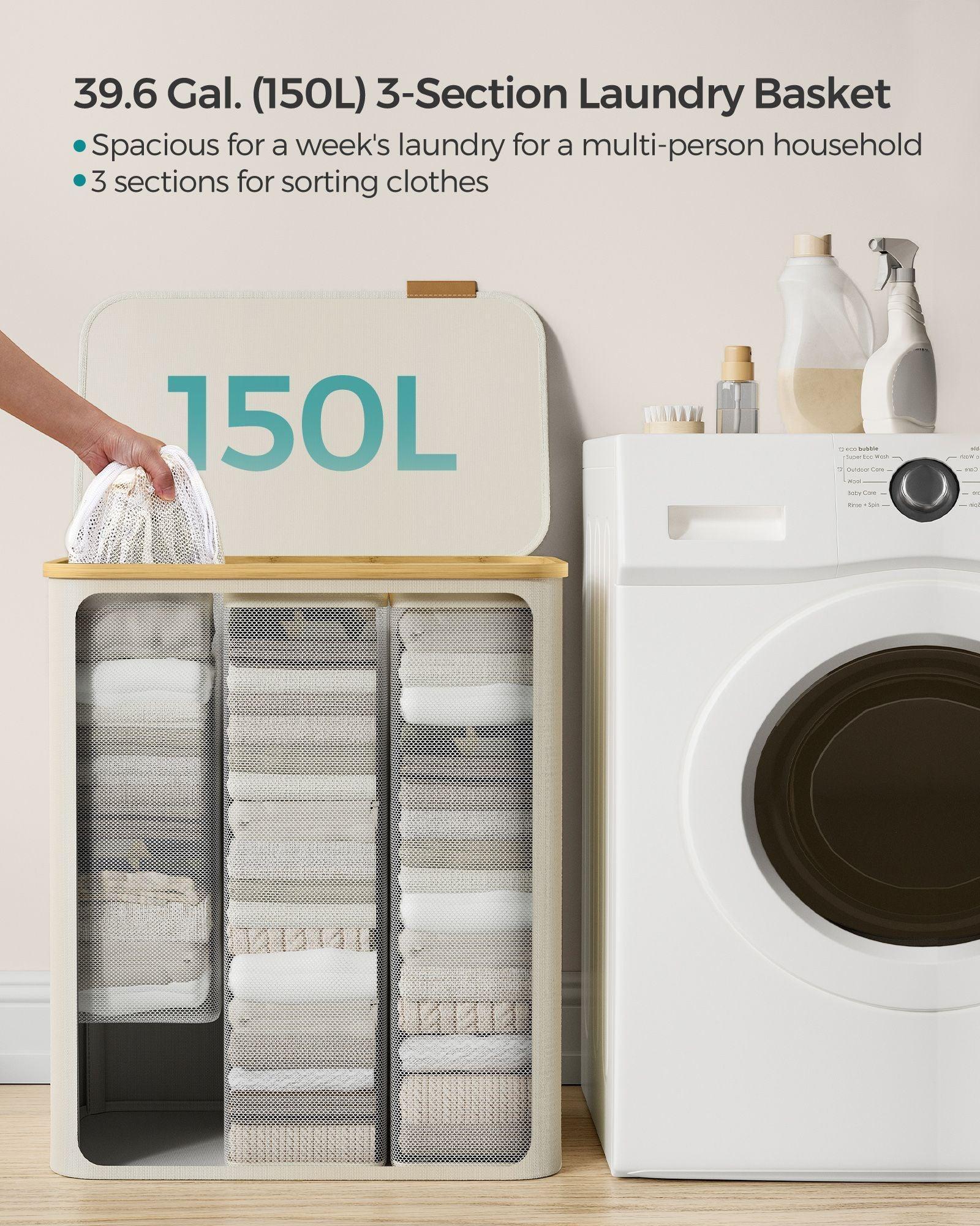 150L 3-Section Large Laundry Hamper with Lid Cream White FredCo