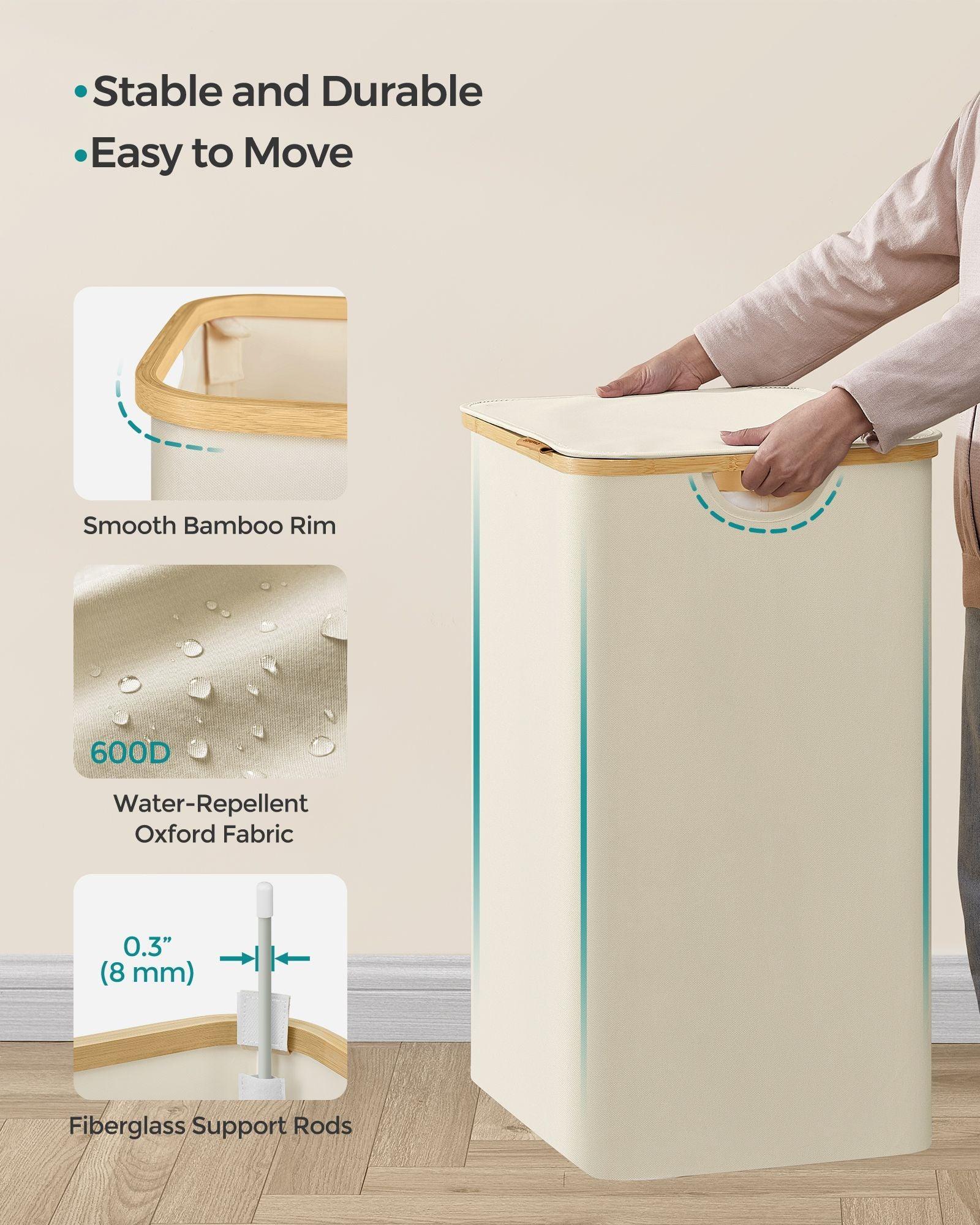 150L 3-Section Large Laundry Hamper with Lid Cream White FredCo