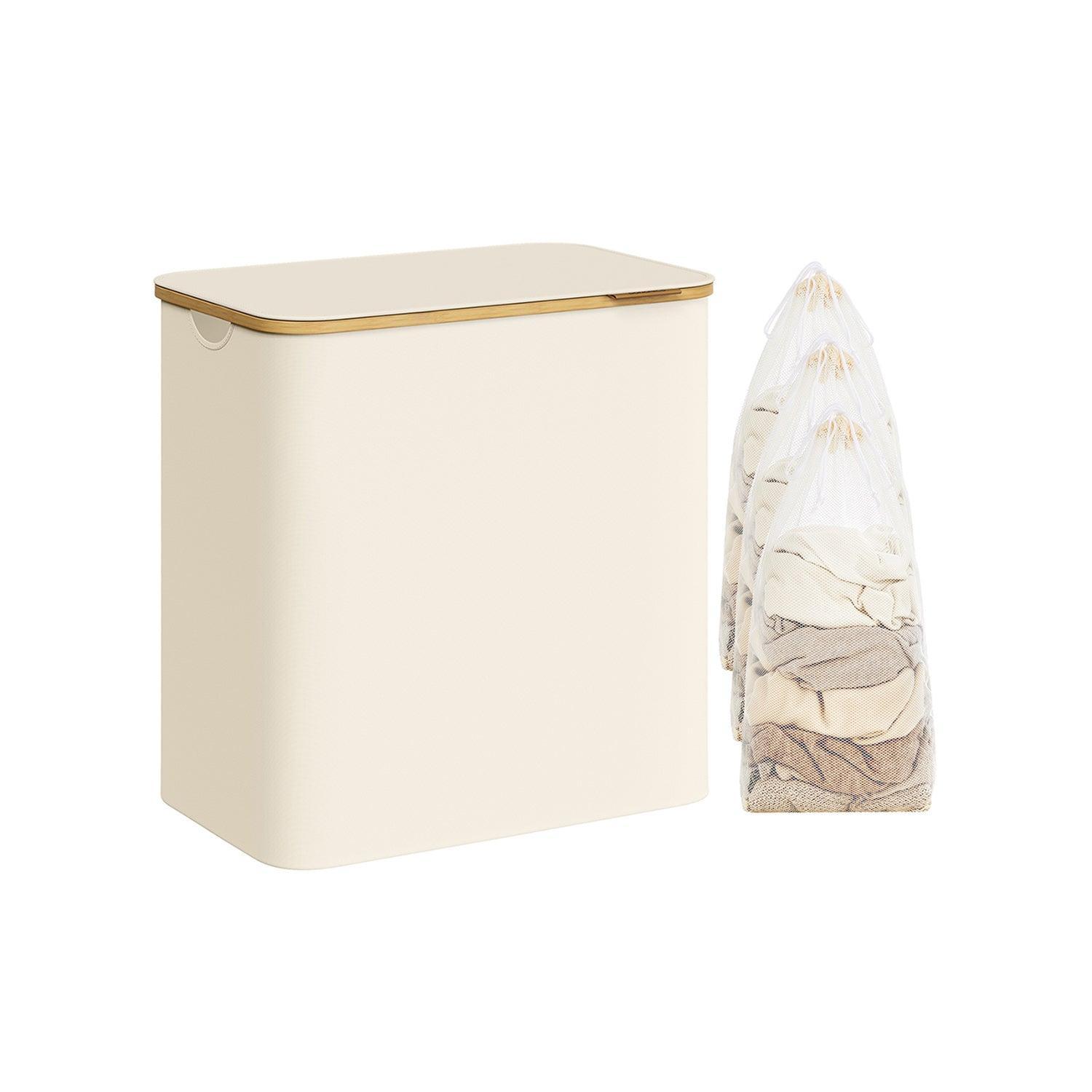 150L 3-Section Large Laundry Hamper with Lid Cream White FredCo