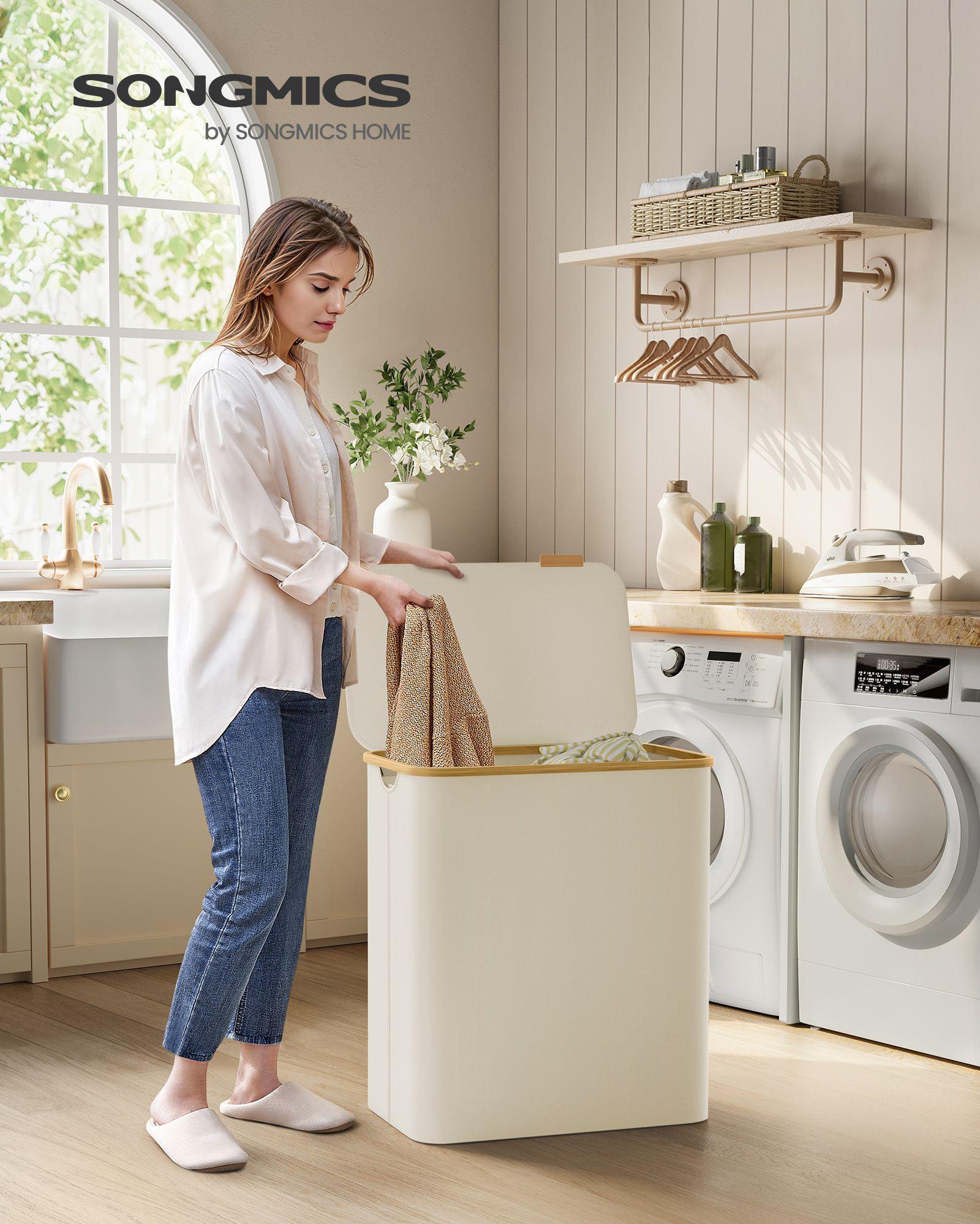 150L 3-Section Large Laundry Hamper with Lid Cream White FredCo