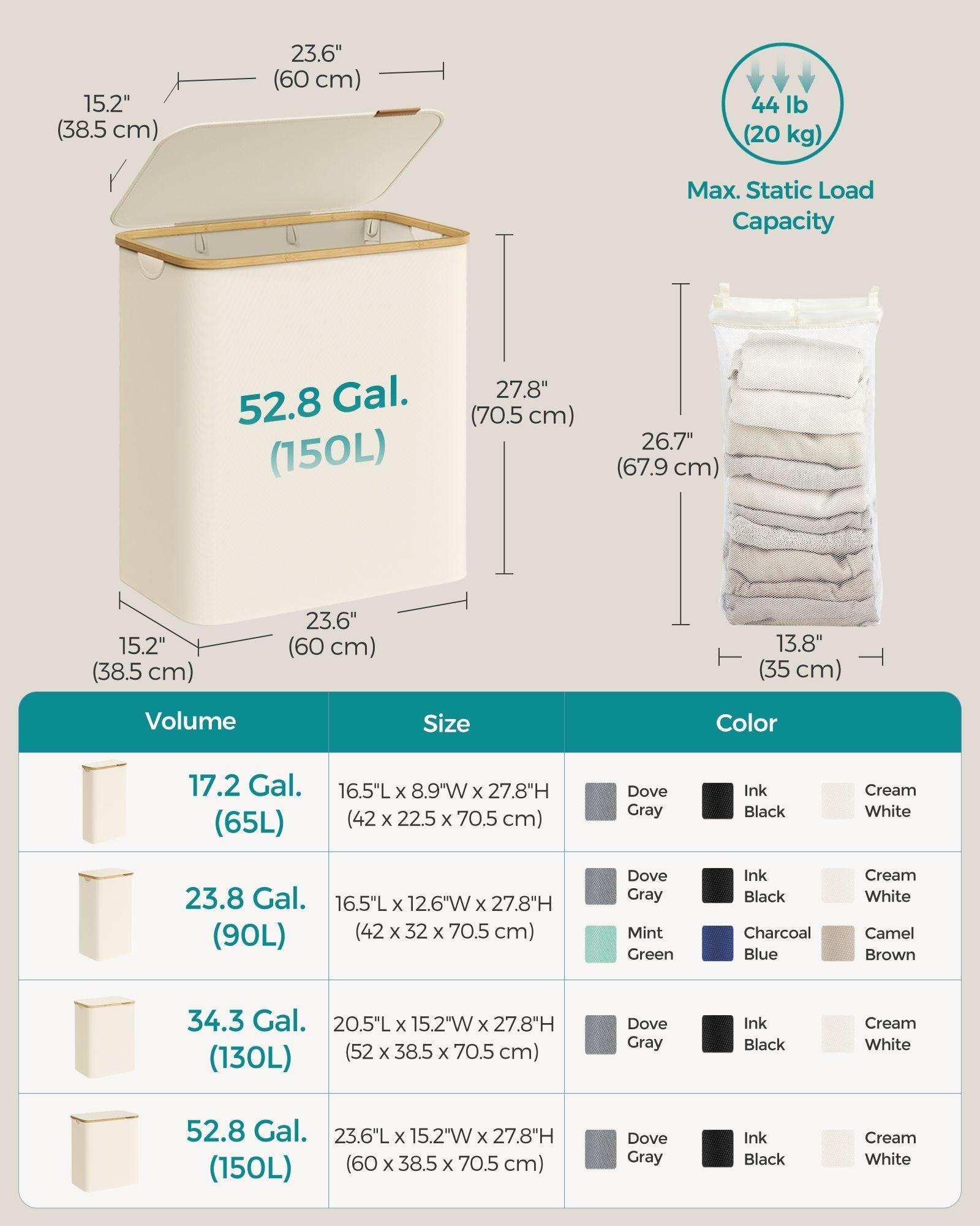 150L 3-Section Large Laundry Hamper with Lid Cream White FredCo